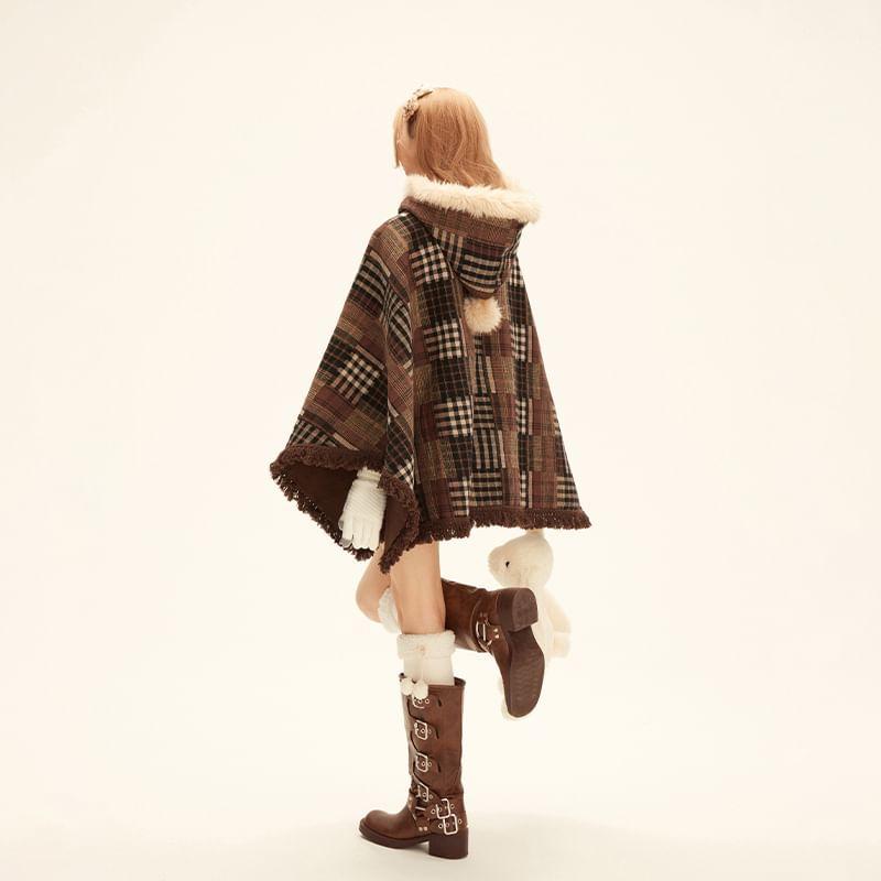 Tassel Hem Plaid Hooded Cape Product Image