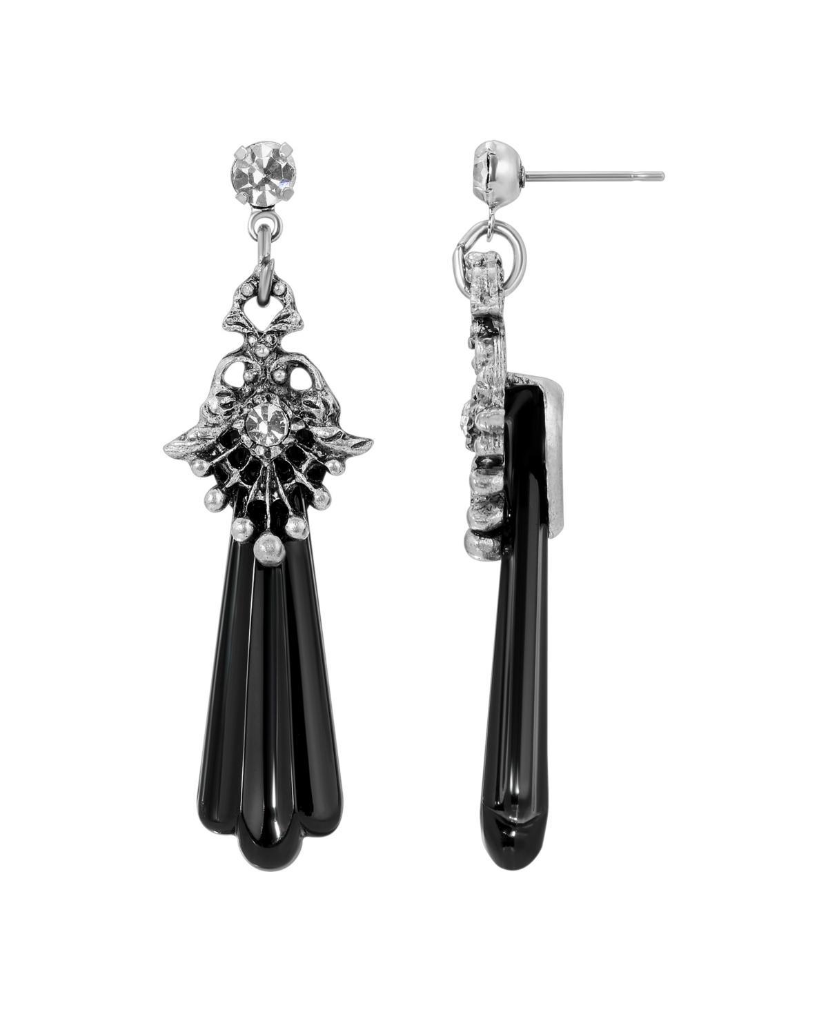 1928 Silver Tone Crystal Fan Drop Pin, Womens, Black Product Image