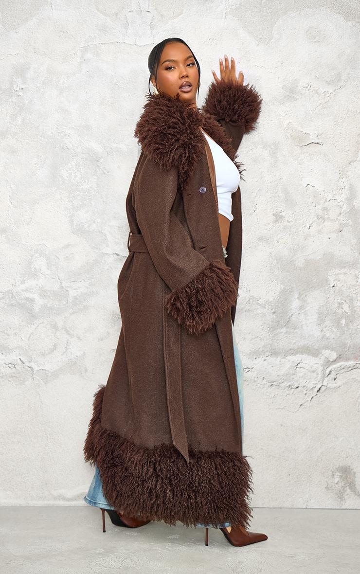 Plus Brown Faux Fur Trim Constrast Wool Look Coat Product Image