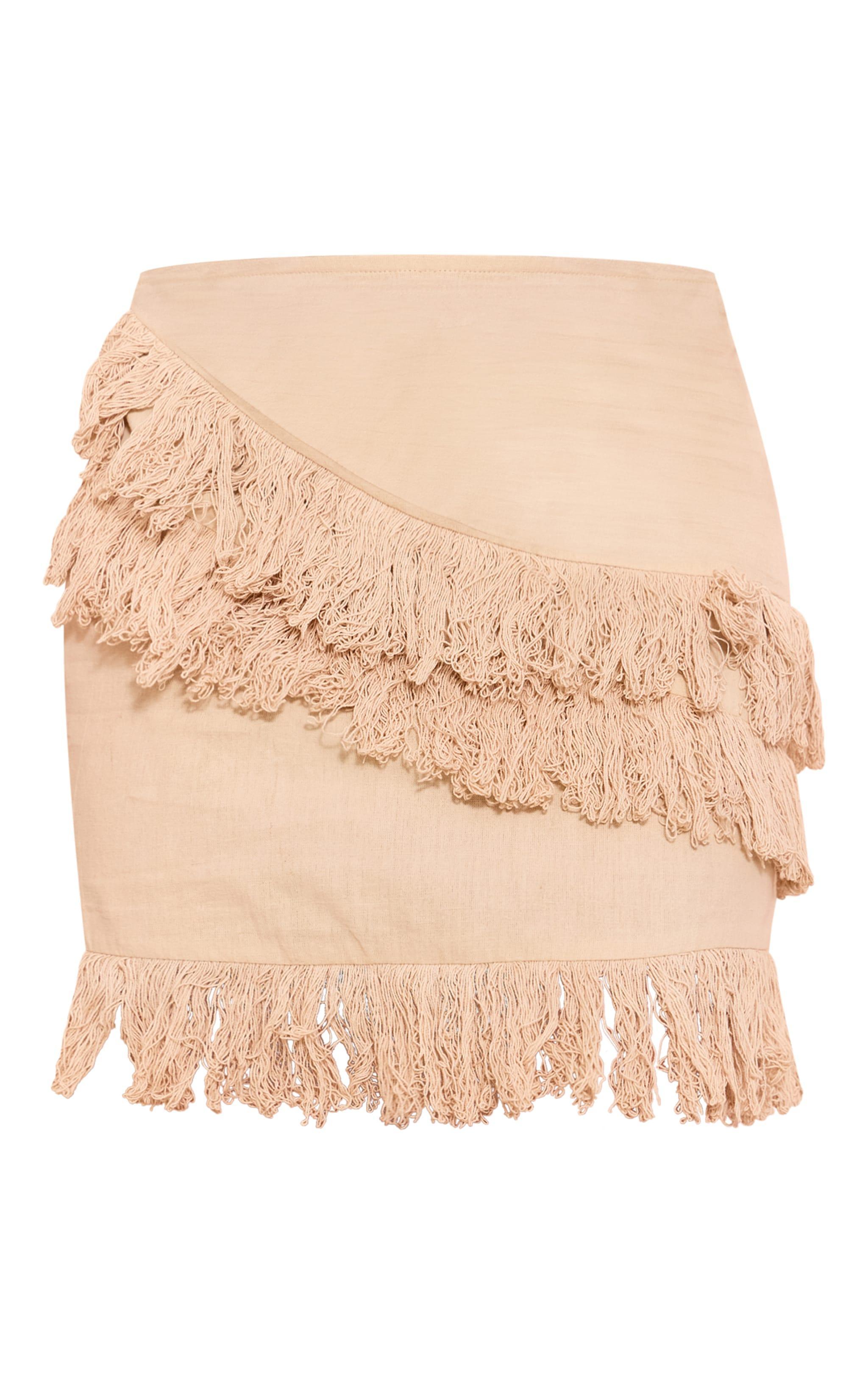 Oatmeal Linen Look Tassel Mini Skirt Product Image