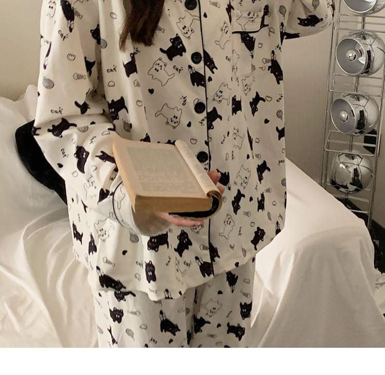 Pajama Set: Cat Print Shirt + Pants Product Image