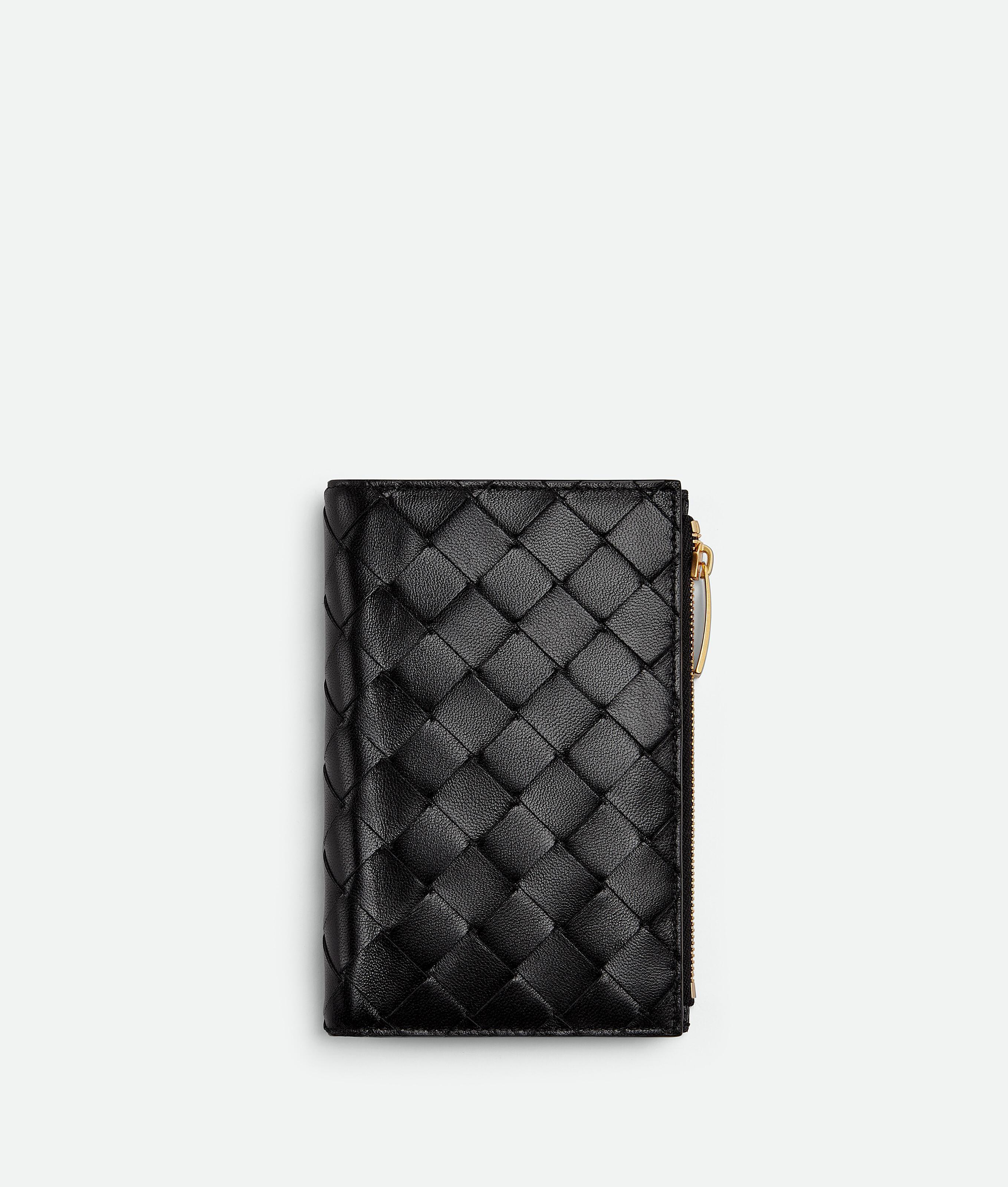 Women's Medium Intrecciato Bi-Fold Zip Wallet in Black Product Image