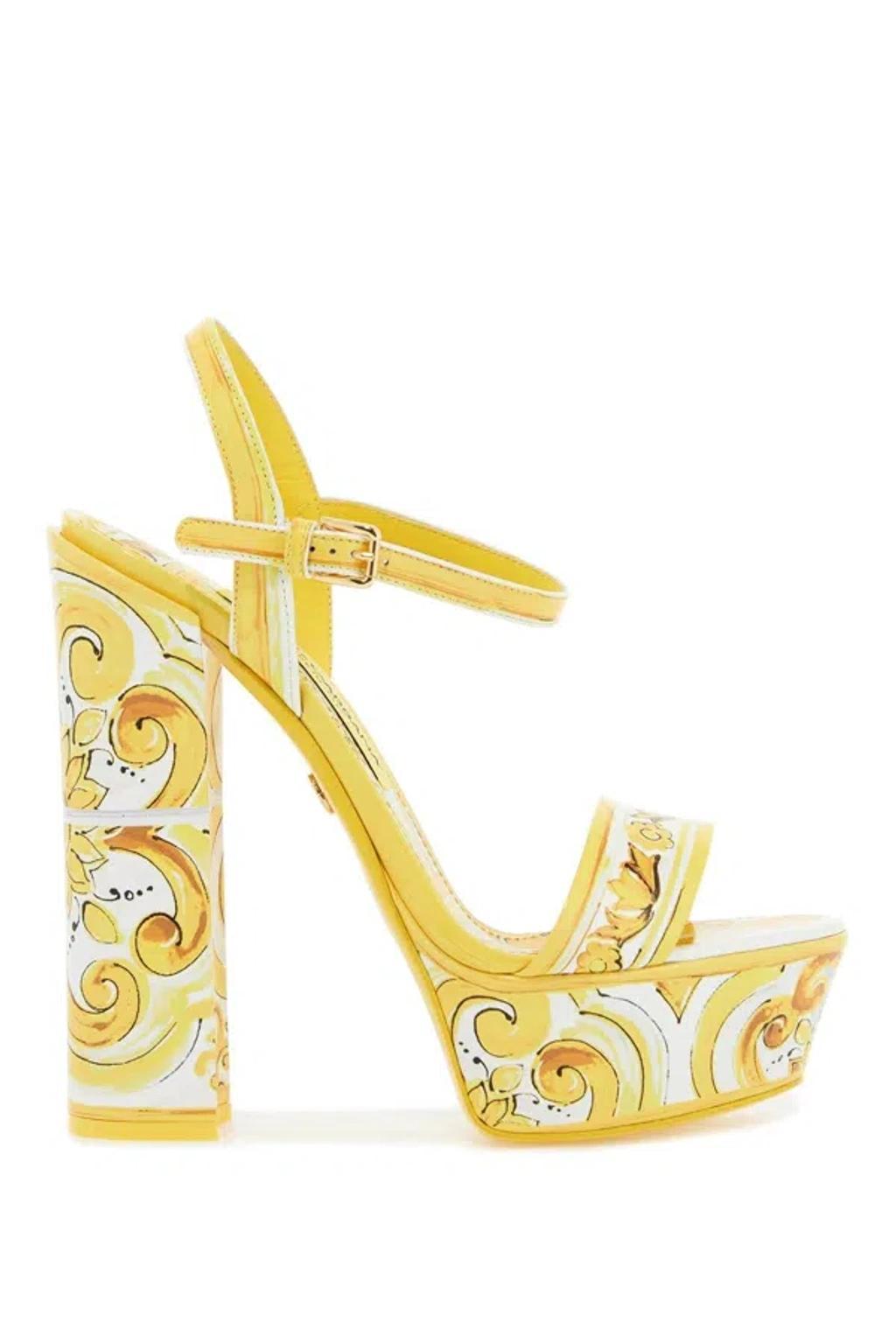 DOLCE & GABBANA Glossy Leather Platform Sandals With Adjustable Ankle Strap In Yellow Product Image