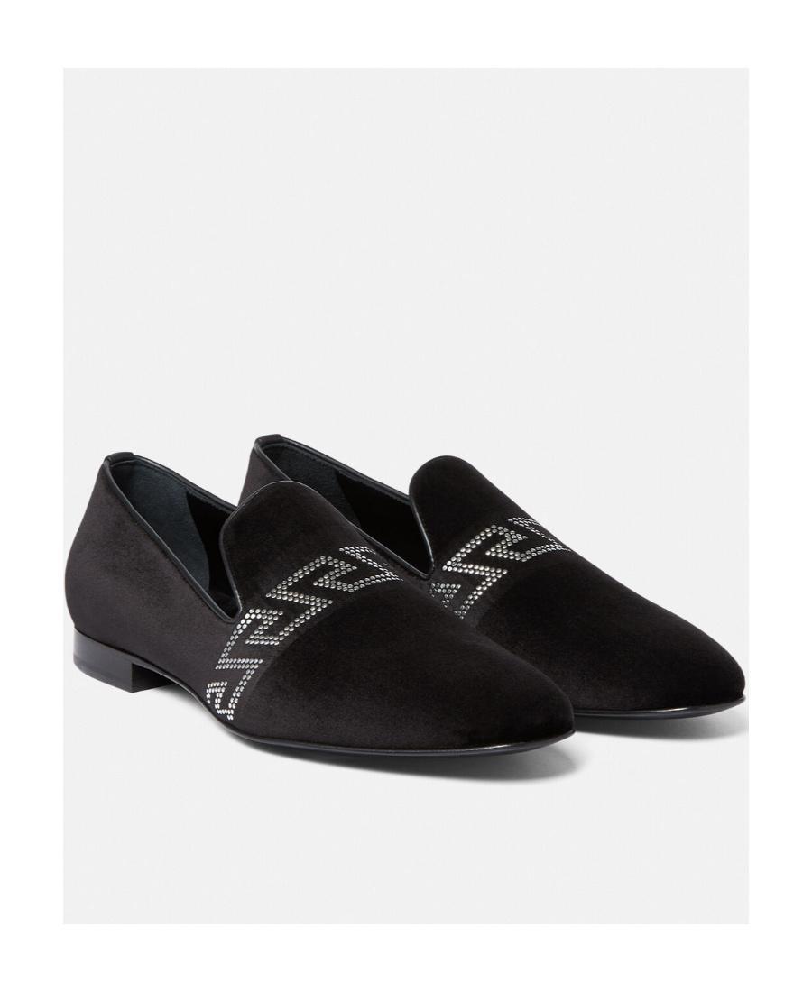 VERSACE Studded Greca Velvet Loafers In Black Product Image