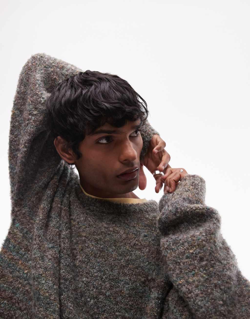 Topman boucle sweater in green and brown heather Product Image