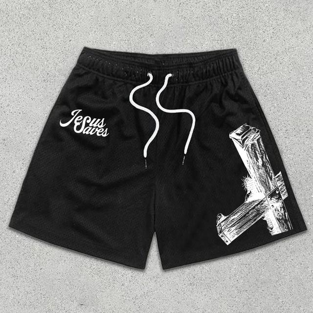 Men's Casual Jesus Saves Graphic Print Mesh Shorts Product Image