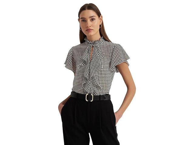 LAUREN Ralph Lauren Houndstooth Ruffle-Trim Chiffon Blouse (Cream/Black) Women's Clothing Product Image