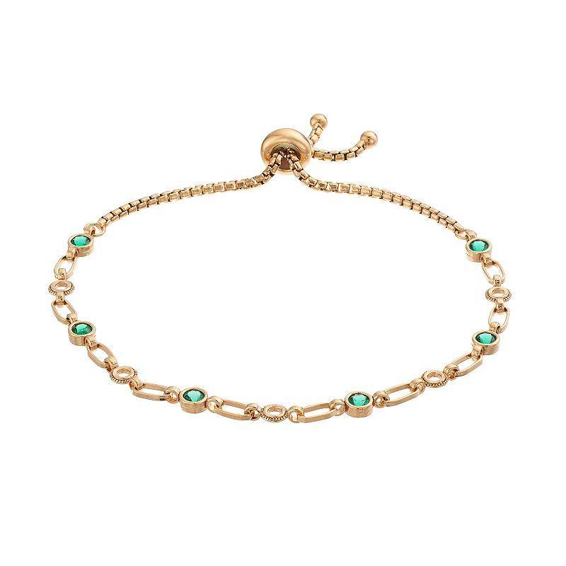 Kristen Kesho Sterling Silver Lab-Created Emerald & Circle Link Adjustable Bolo Bracelet, Womens Gold Tone Product Image