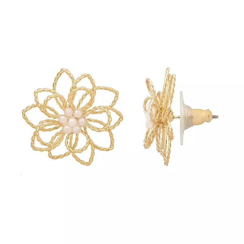 Emberly Gold Tone Open Textured Floral & Simulated Pearl Stud Earrings, Womens, White Product Image