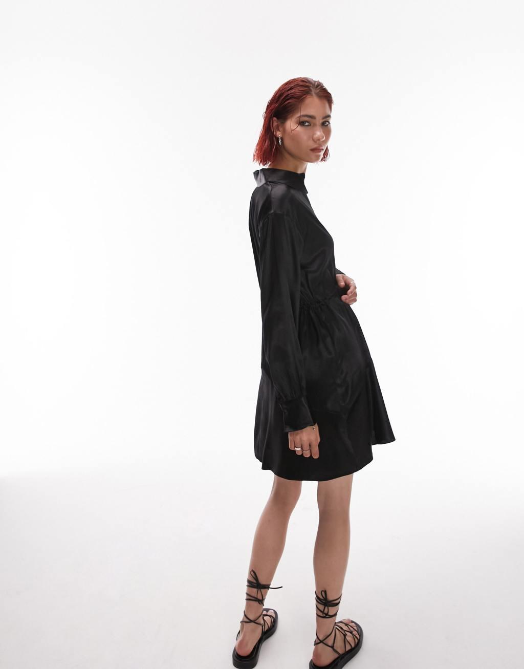 Topshop Tall satin tie mini shirt dress in black  Product Image