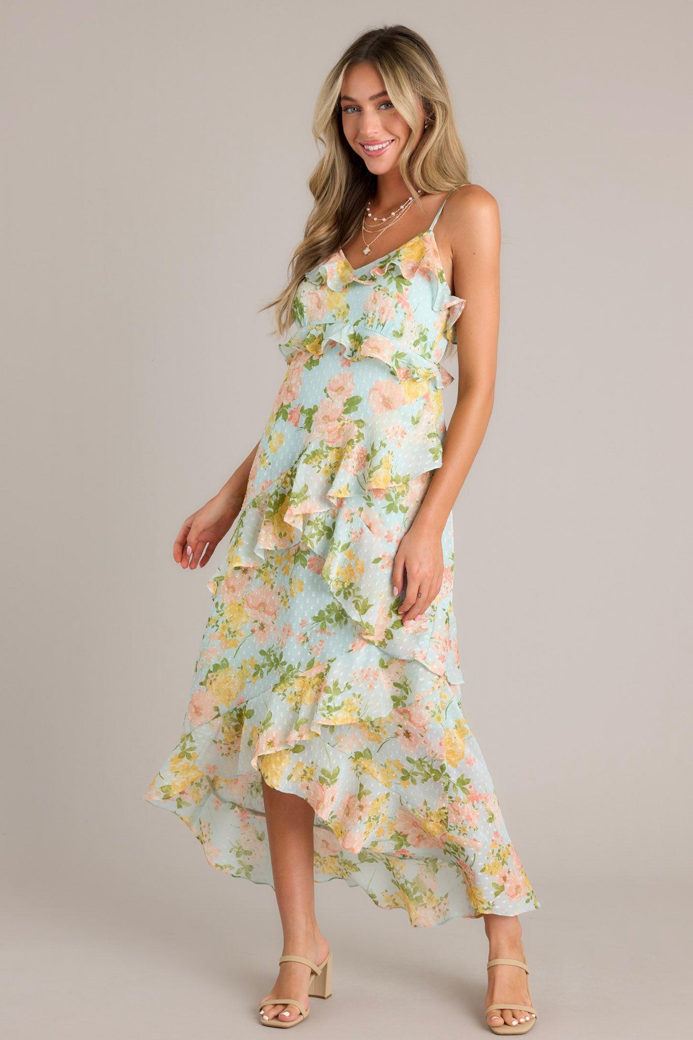 Blossom In Time Blue Multi Floral Ruffle Tiered Midi Dress Product Image