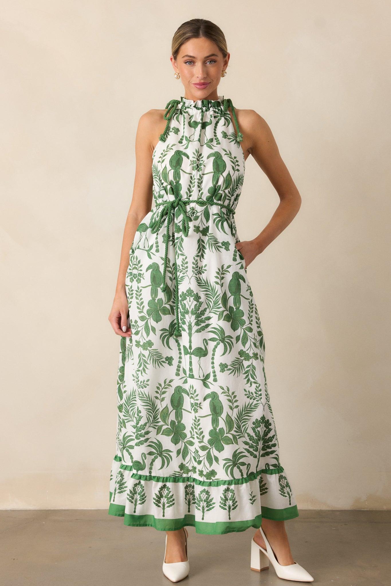 Breeze Through Paradise Cotton Green Tropical Print Maxi Dress Product Image