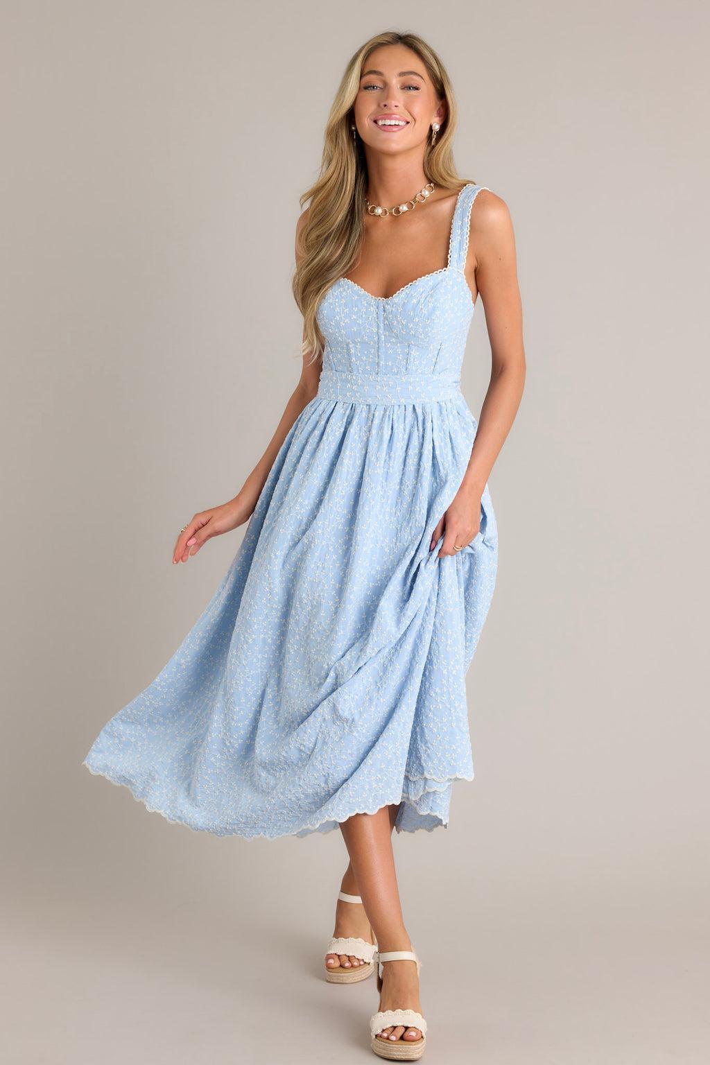 Stitched Serenity Light Blue Embroidered Midi Dress Product Image