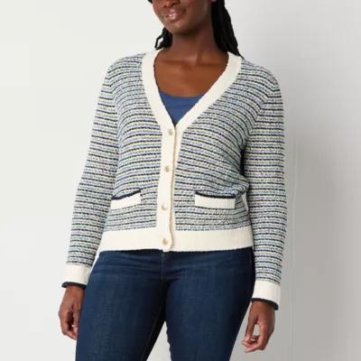 Liz Claiborne Womens V Neck Long Sleeve Button Striped Cardigan Product Image