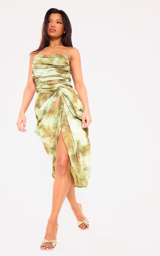 Green Print Chiffon Ruched Drape Midi Dress Product Image