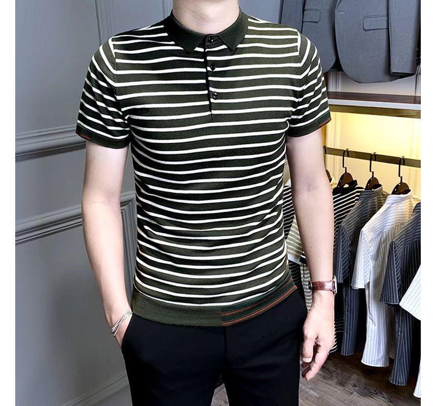 Short-Sleeve Striped Polo Knit Top Product Image