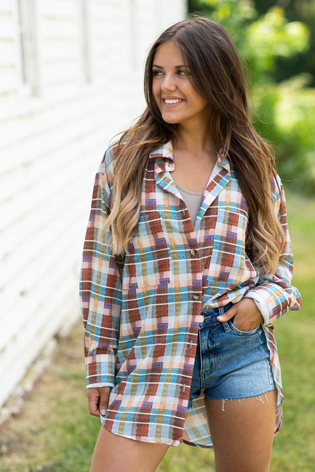 Rust and Eggplant Plaid Button Up Top Product Image