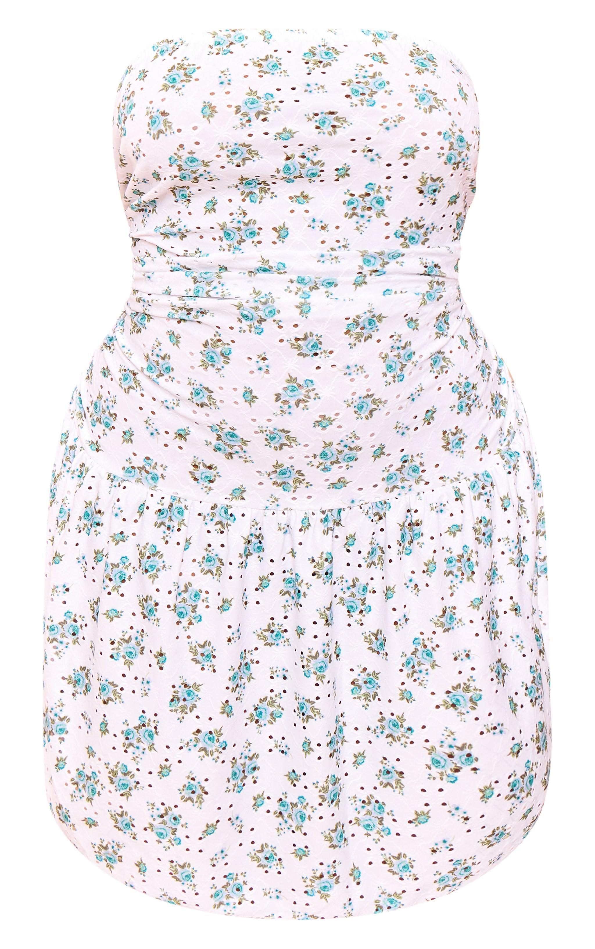 Plus Blue Floral Printed Broderie Frill Bandeau Bodycon Dress Product Image