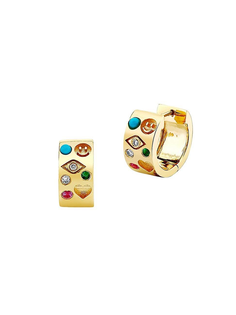 Womens Iconography 14K Yellow Gold, 0.047 TCW Diamond & Multi-Gemstone Huggie Hoops Product Image