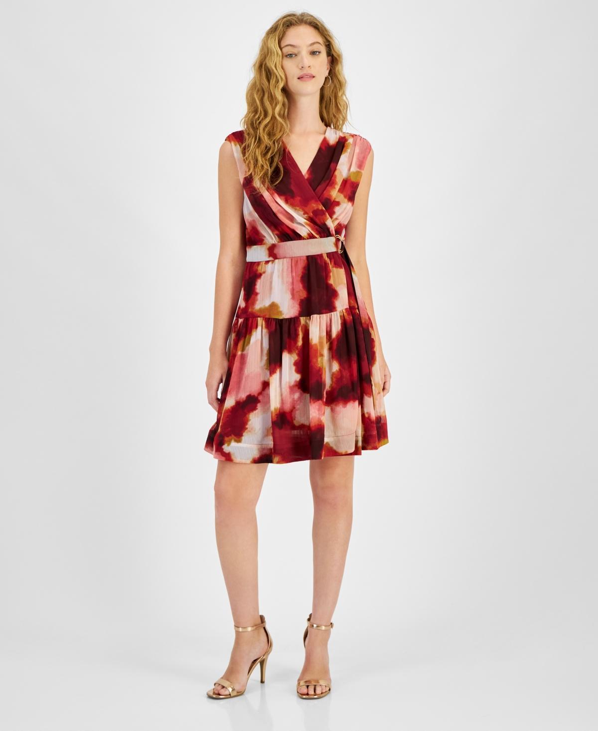 Taylor Womens Printed Chiffon Belted Dress Product Image