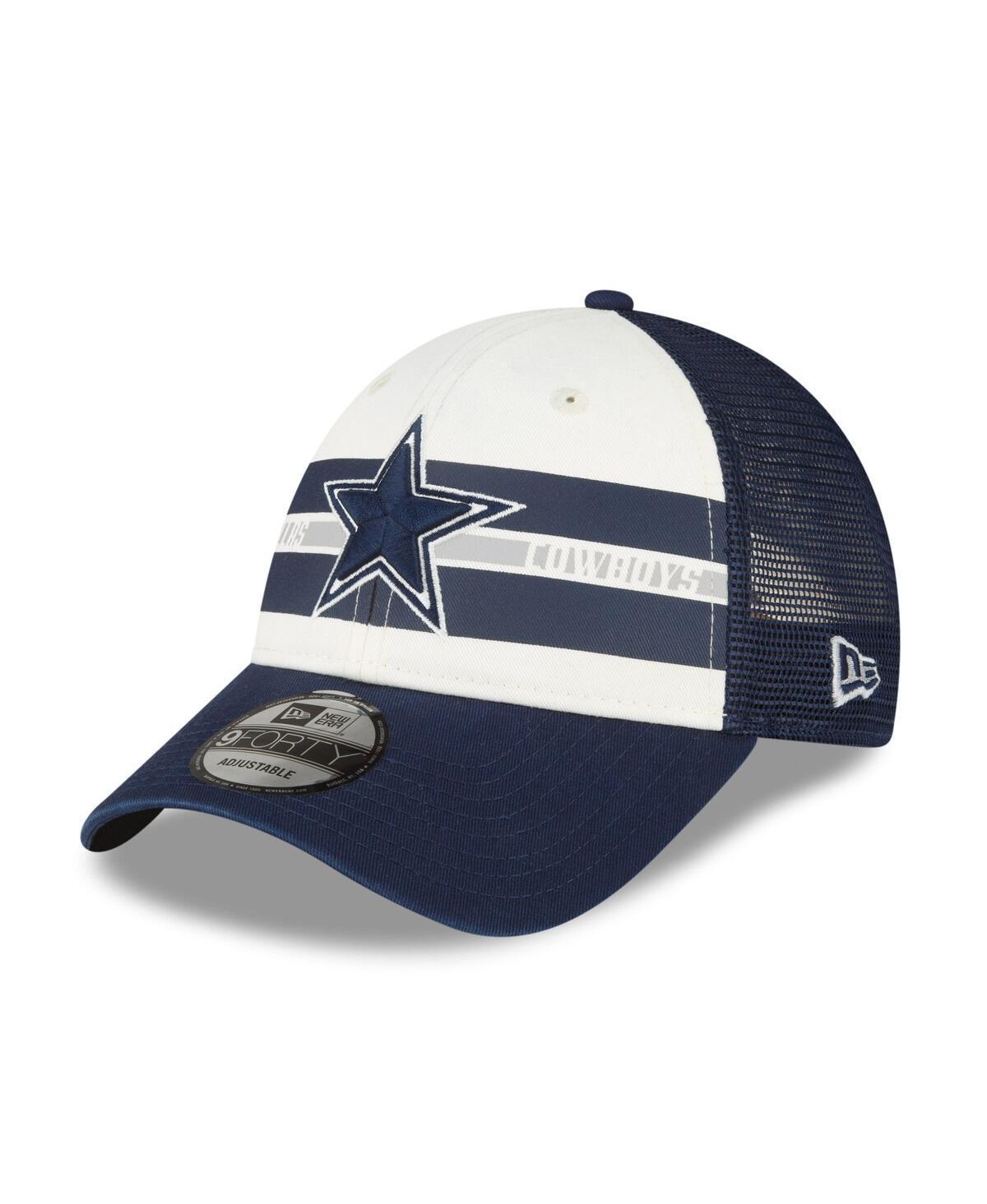 Mens New Era Cream/Navy Dallas Cowboys Team Stripe Trucker 9FORTY Snapback Hat Product Image