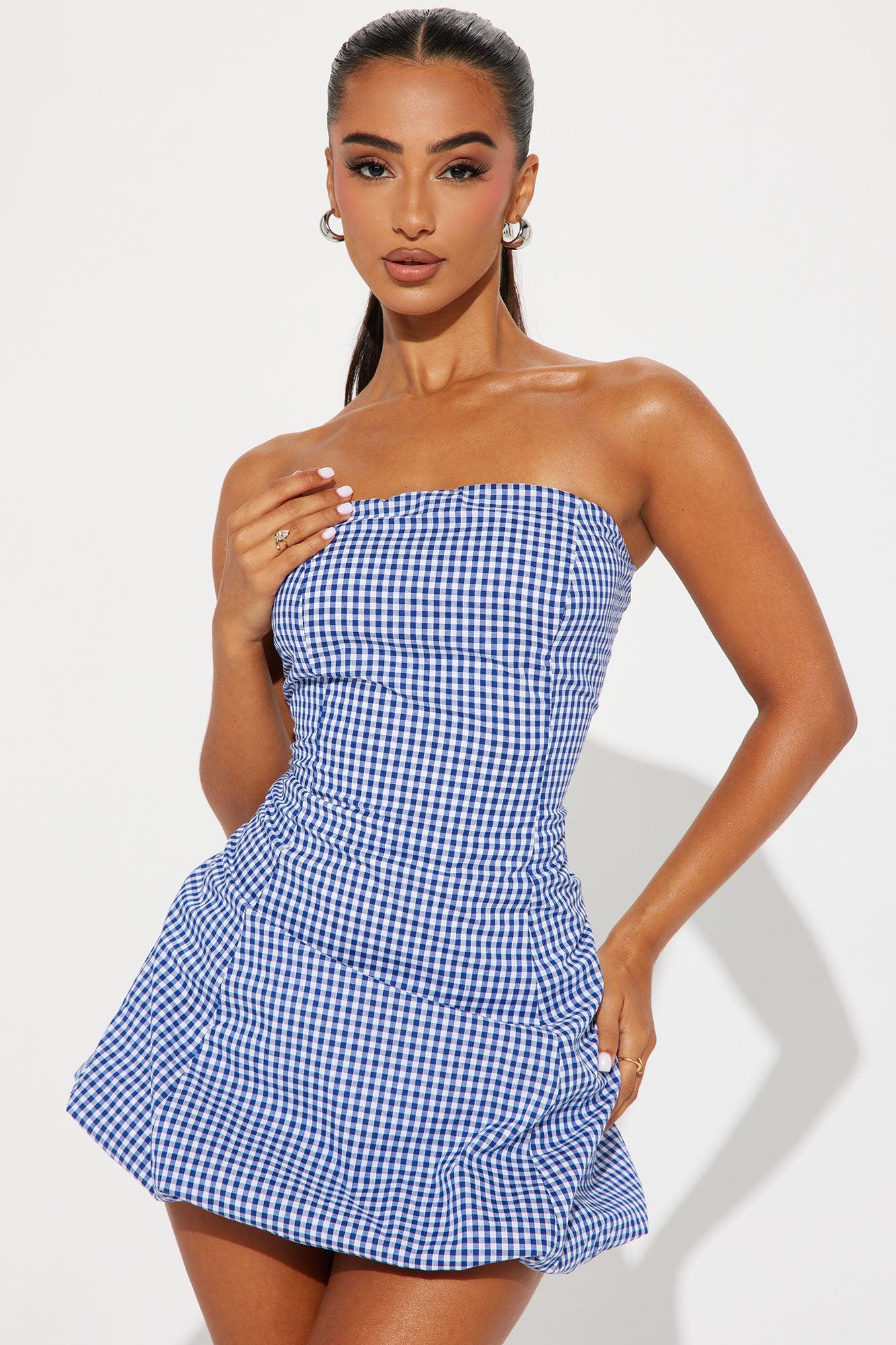 Betsy Gingham Bubble Mini Dress - Blue Product Image