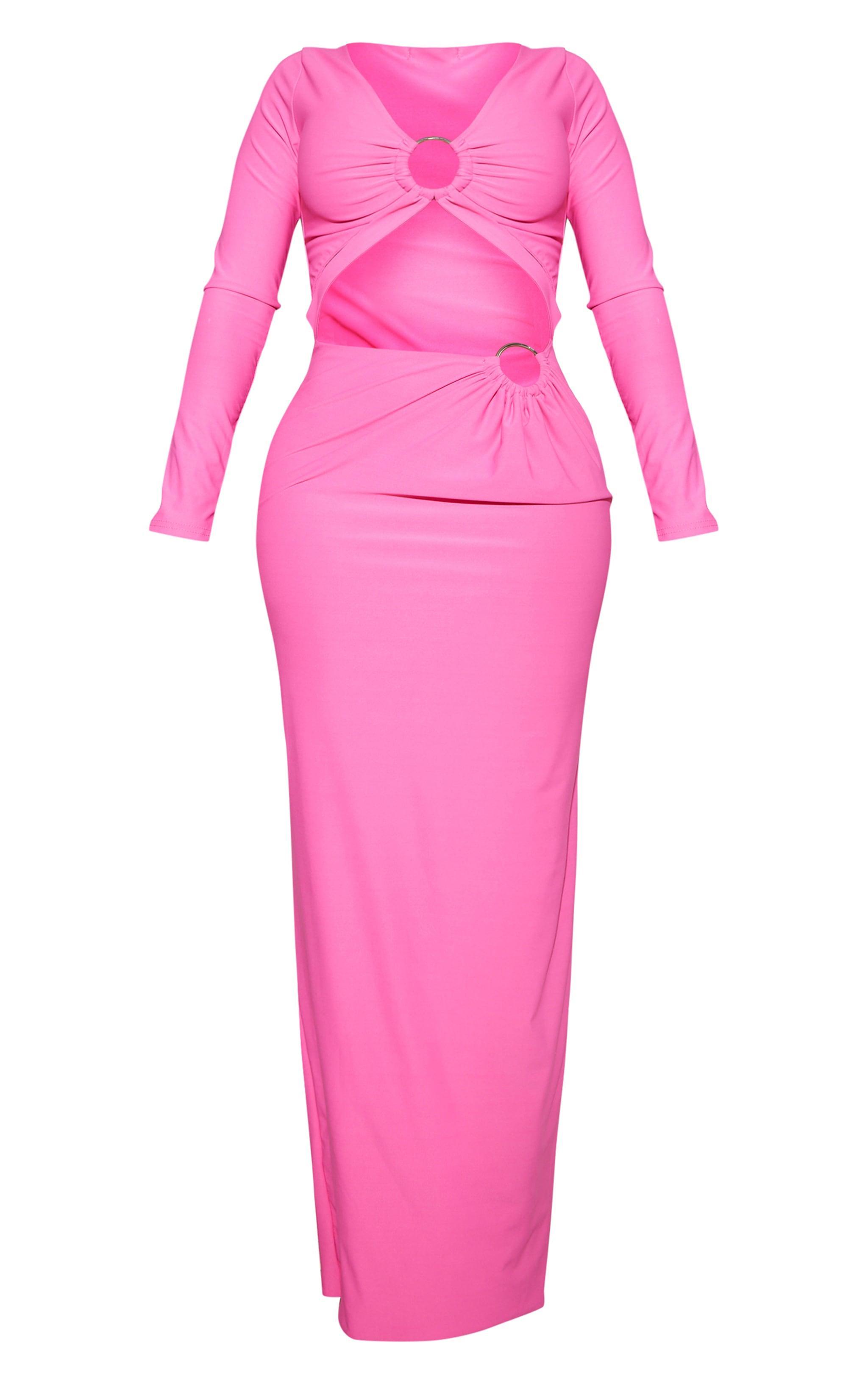 Shape Hot Pink Slinky Cut Out Ring Long Sleeve Maxi Dress Product Image