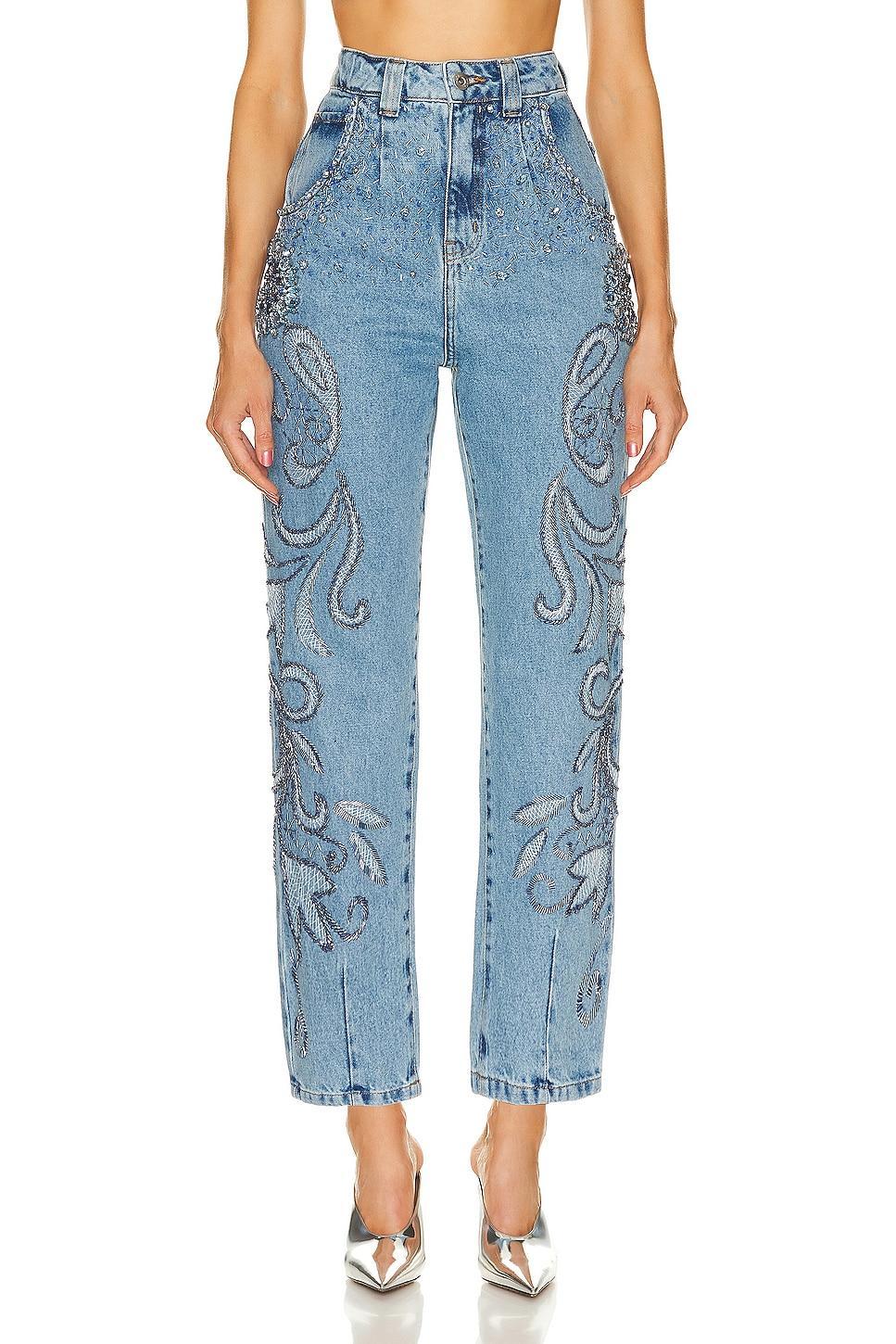 PatBO Hand Beaded Straight Leg Jean in Denim - Blue. Size 2 (also in ). Product Image