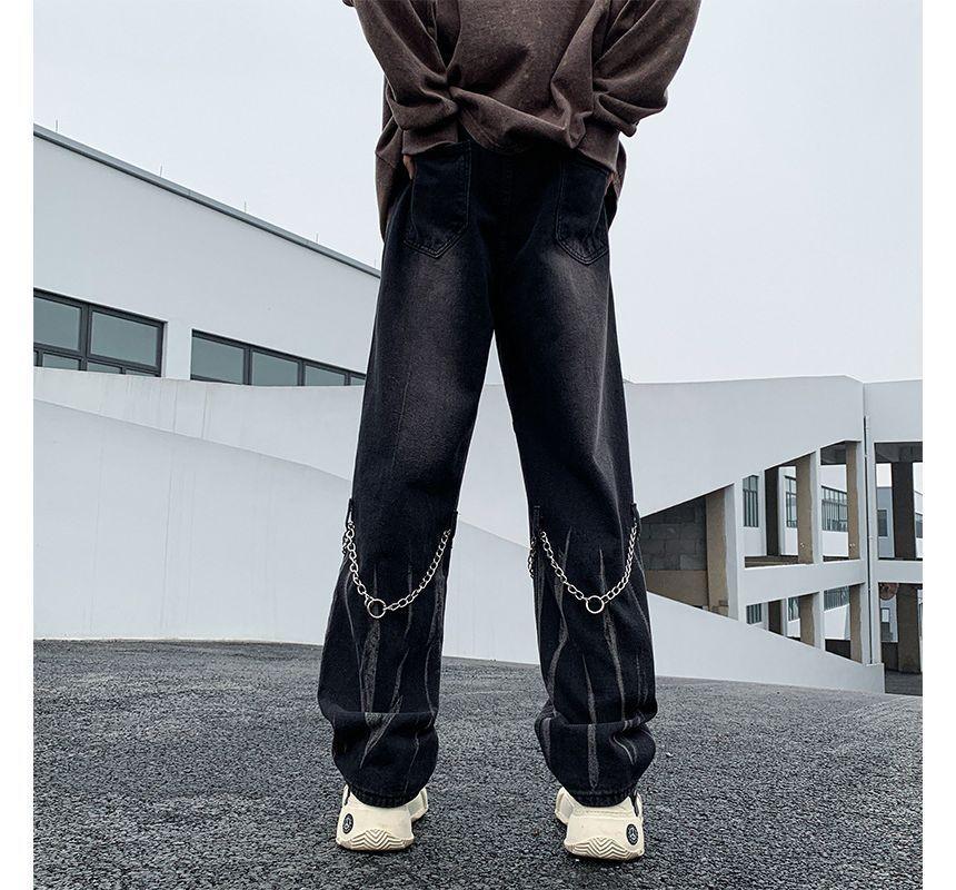 Mid Rise Washed Chain Straight Leg Jeans Product Image