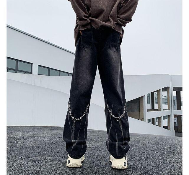 Mid Rise Washed Chain Straight Leg Jeans Product Image