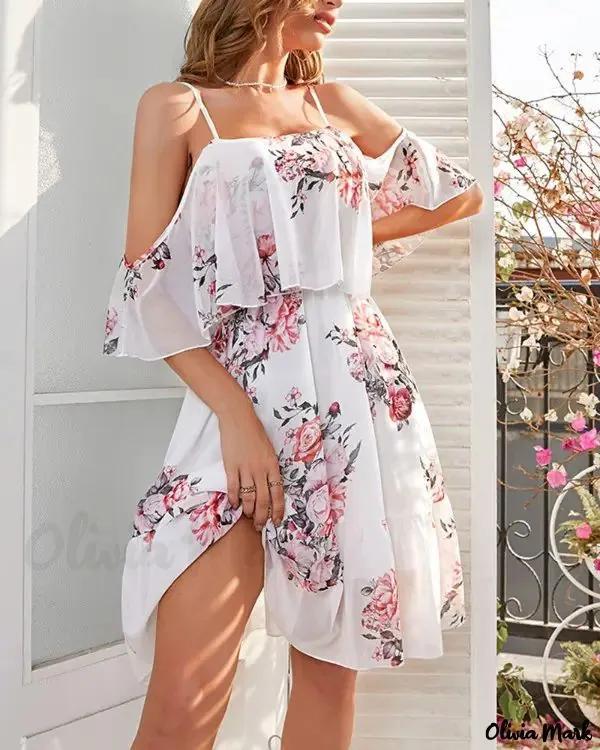 Olivia Mark – Off-the-Shoulder Floral Print Chiffon Dress Product Image