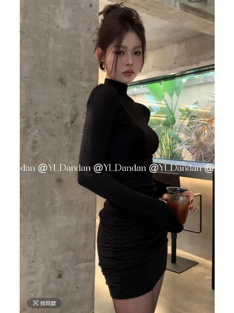 Long Sleeve Mock Neck Plain Glitter Mini Sheath Dress Product Image