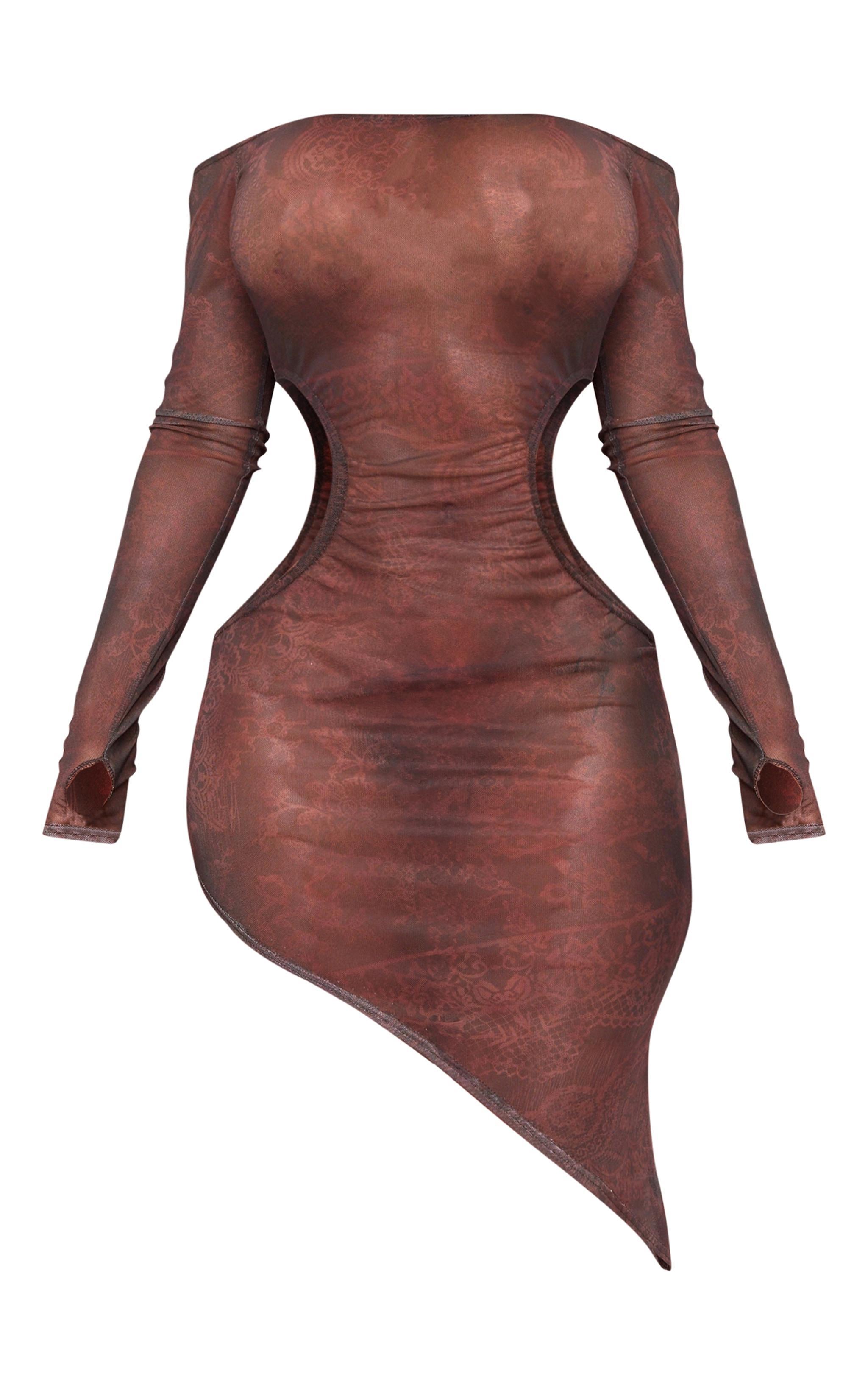 Shape Brown Printed Cut Out Asymmetric Hem Mini Dress Product Image