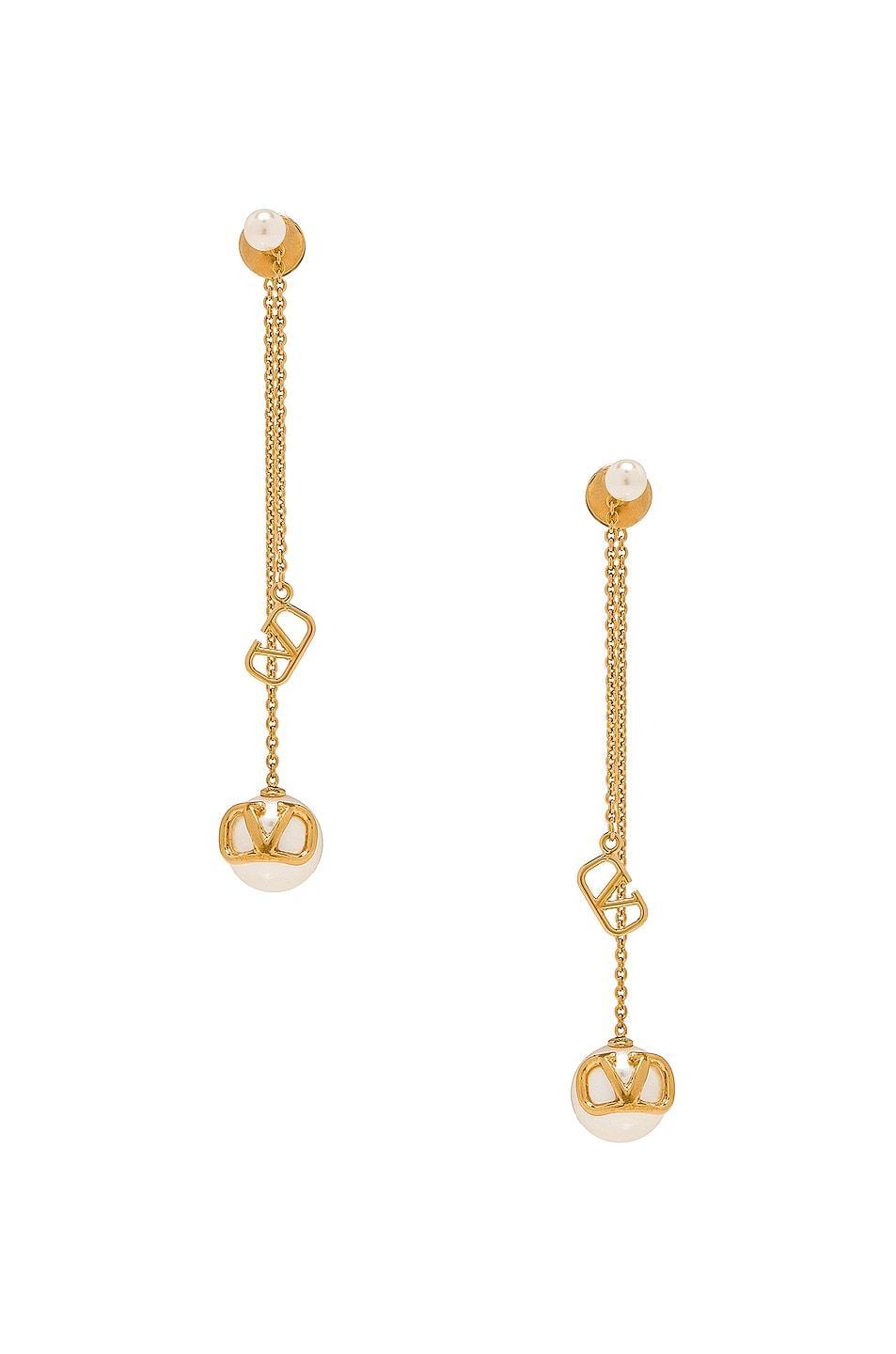 Valentino Garavani V Logo Signature Pearl Drop Earrings in Oro & Cream - Metallic Gold. Size all. Product Image