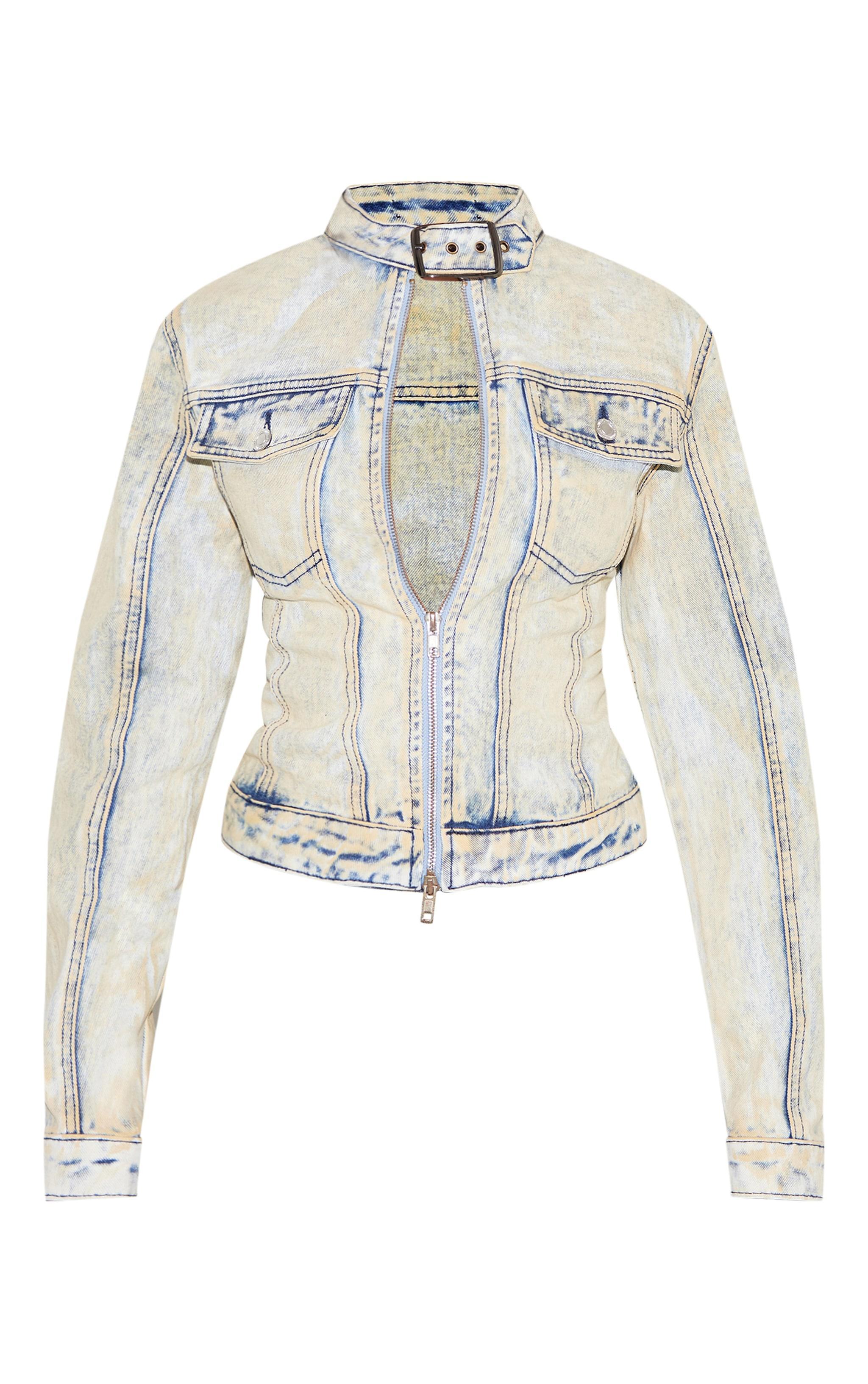 Light Blue Acid Wash Seam Detail Buckle Neck Racer Denim Jacket Product Image