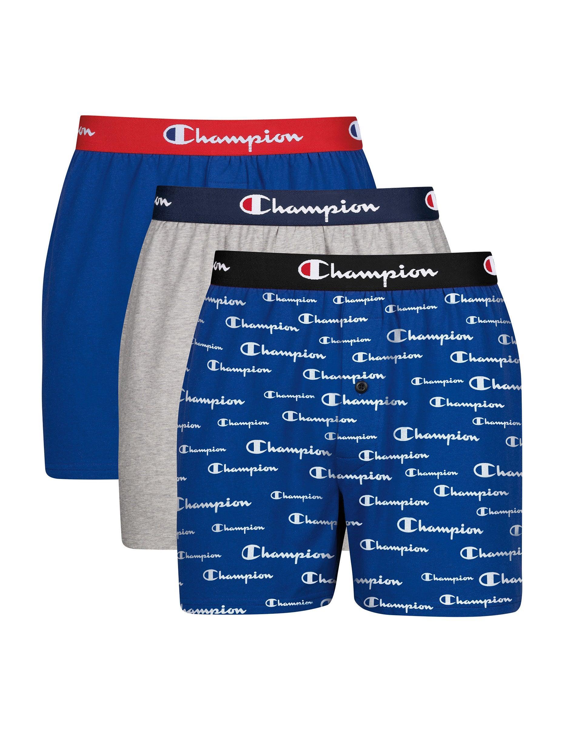 Champion Everyday Comfort Mens Boxers Pack, Cotton Stretch, Navy Script & Assorted, 3-Pack White Logo/Black/Oxford Grey/Royal/Royal/Red S Product Image