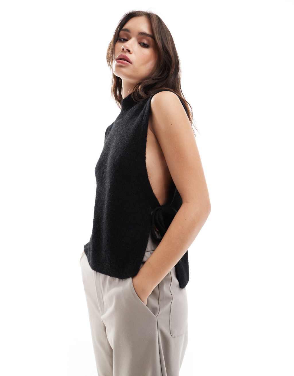 & Other Stories wool & mohair blend mock neck knitted top with side tie details in black product image