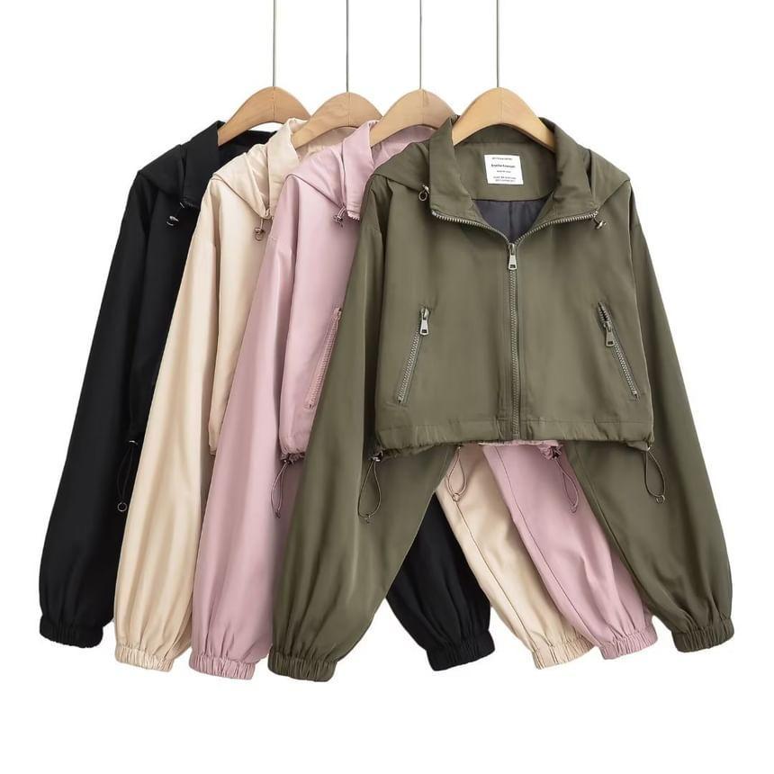 Plain Drawstring Crop Zip Jacket Product Image