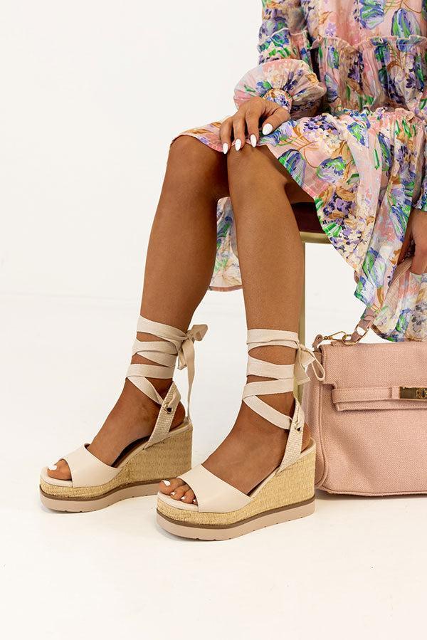 The Sofia Lace Up Wedge In Stone Product Image