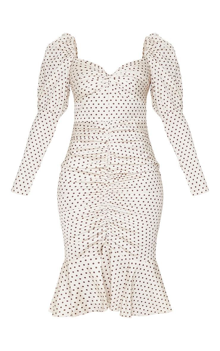 Nude Polka Dot Puff Sleeve Ruched Detail Frill Hem Midi Dress Product Image