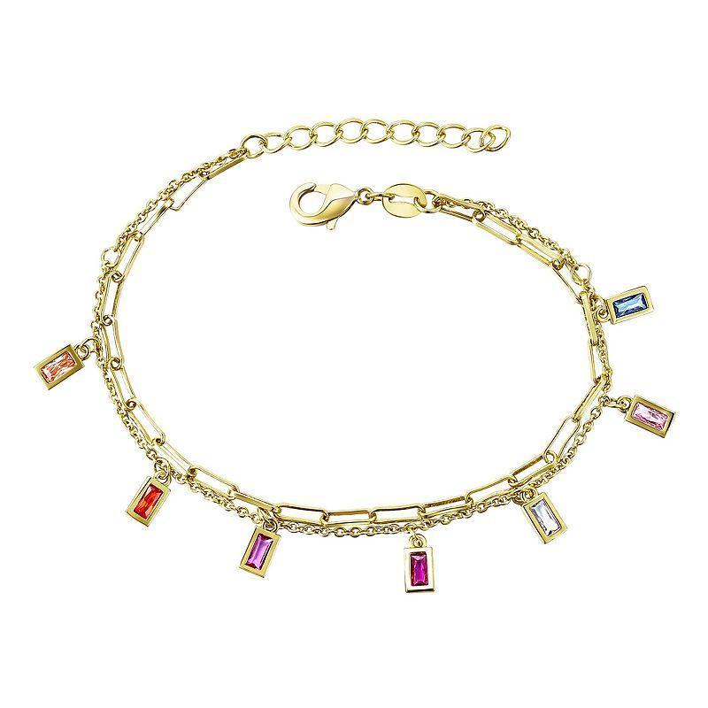 Kids 18k Gold Plated Multi-Color Cubic Zirconia Dangle Charm Bracelet, Womens Pink Tone Product Image