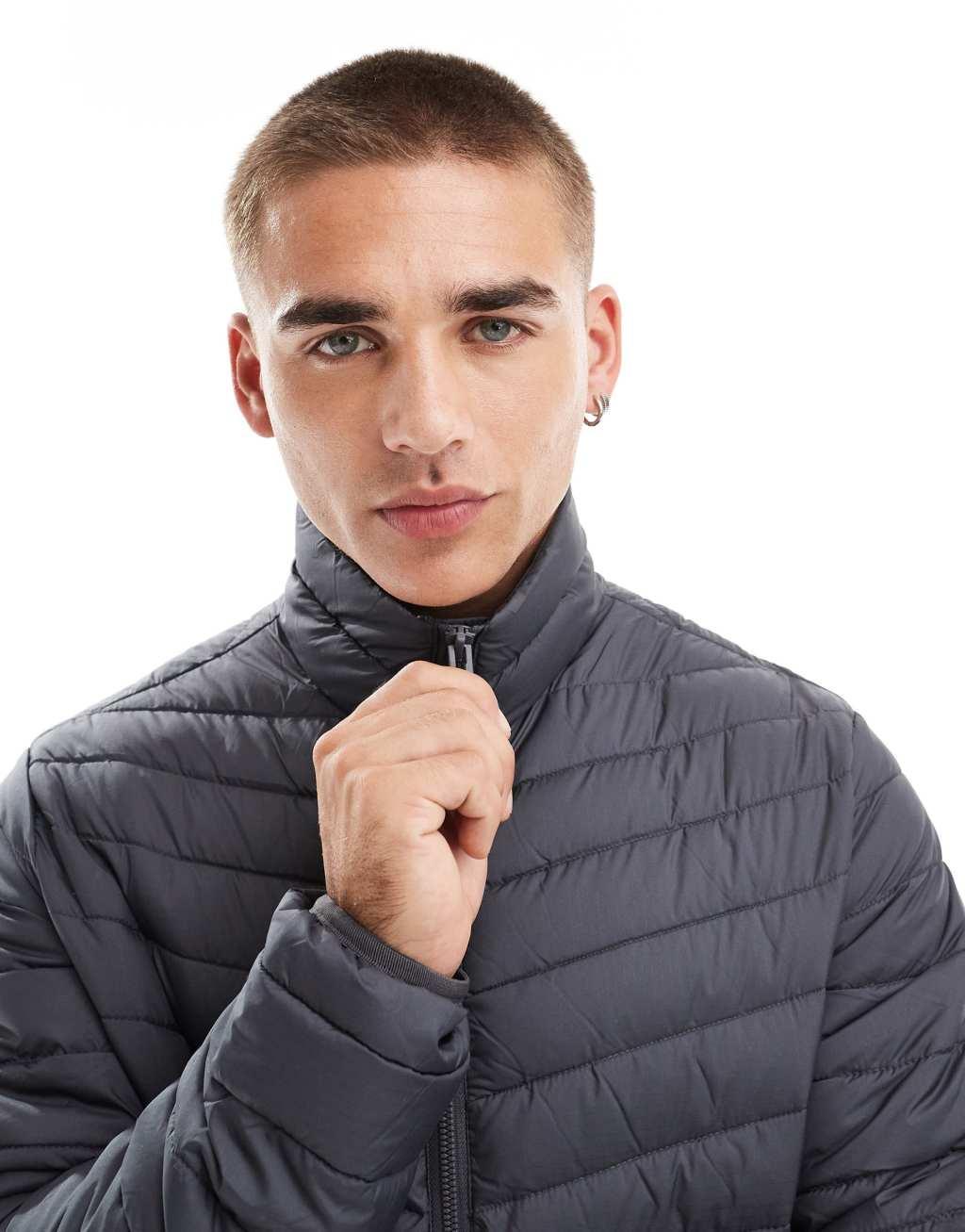 Jack & Jones packable padded jacket with stand collar in dark gray Product Image