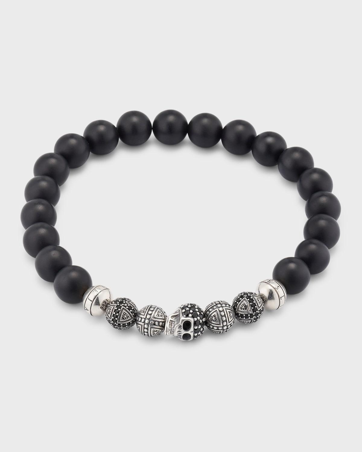 Mens Black Agate Beaded Bracelet with Crystal Pave Skull Product Image