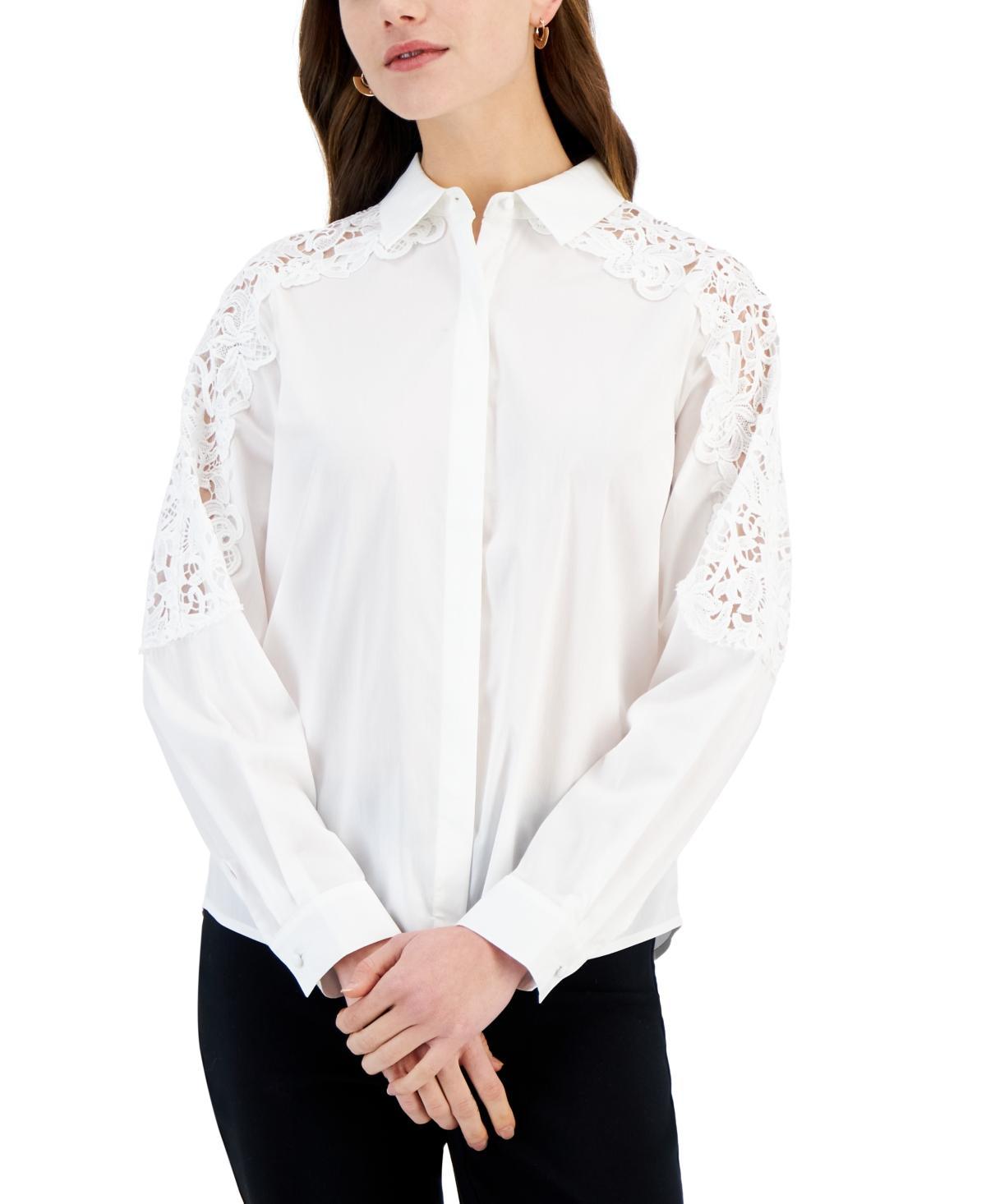 T Tahari Womens Lace Sleeve Button-Down Top product image