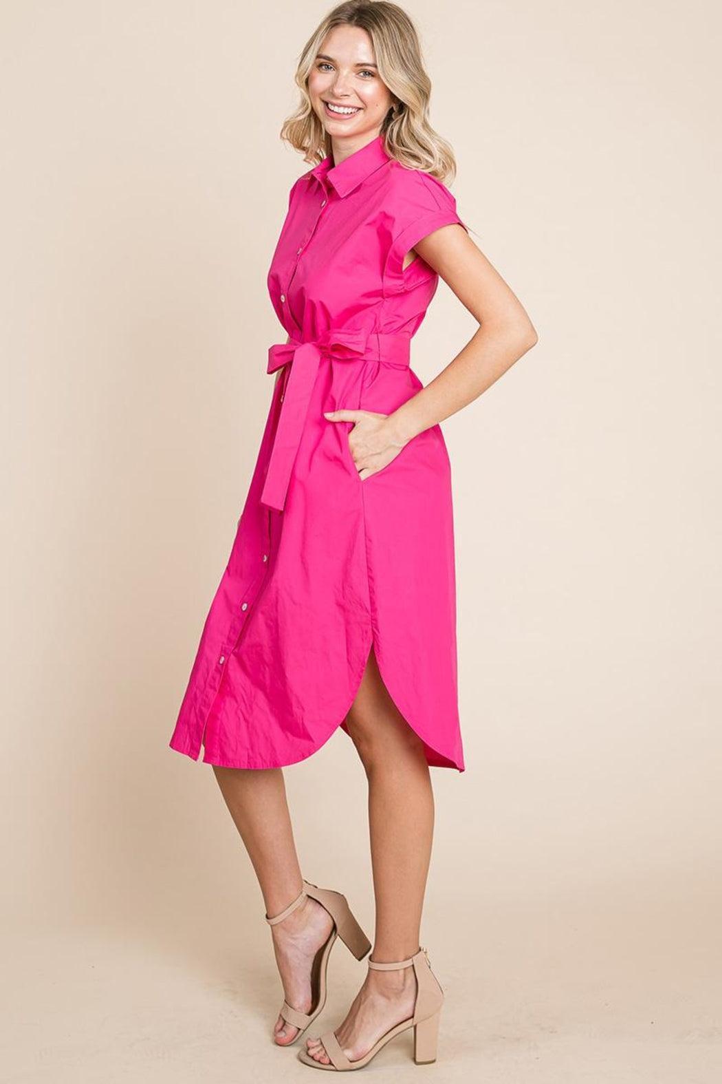 Button Up Tie Waist Poplin Pocketed Shirt Dress Product Image