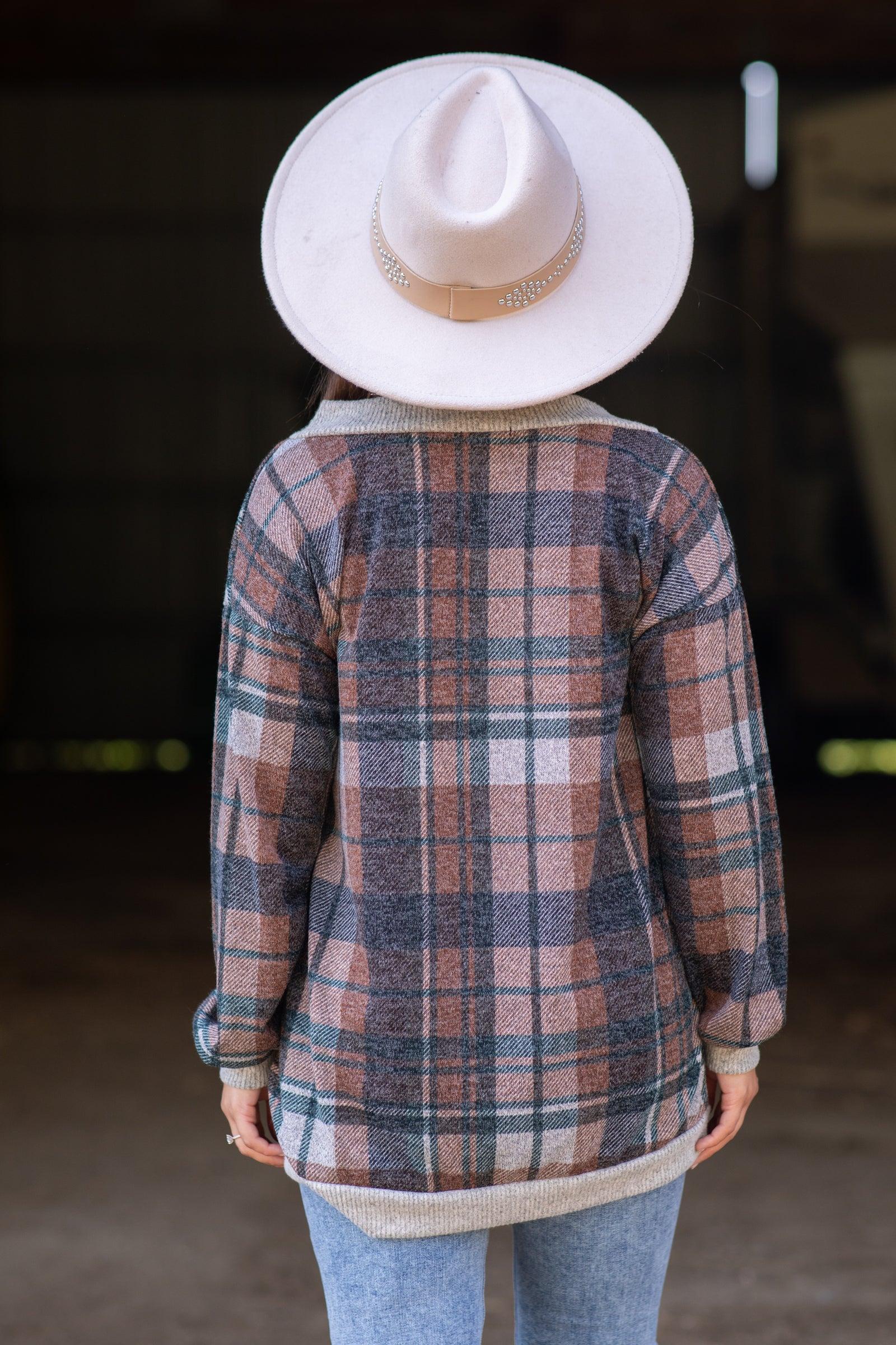 Brown and Cognac Plaid V-Neck Tunic Product Image