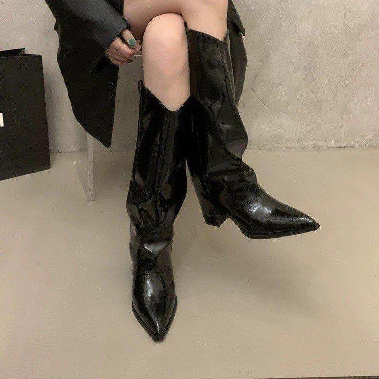 Pointed Toe Panel Block Heel Knee High Boots product image