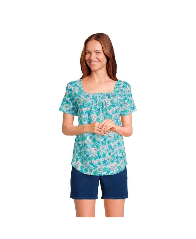 Womens Lands End Smocked Square Neck Tee Blue Small Floral Product Image