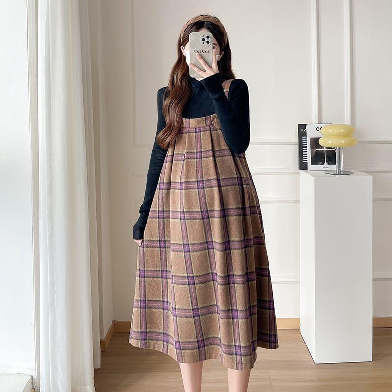 Maternity Square Neck Plaid Heart Buckled Midi Pinafore Dress Product Image