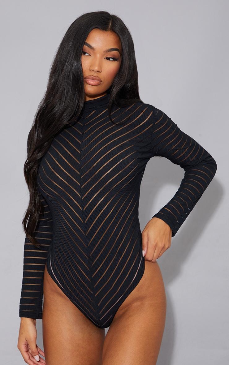 Black Chevron Mesh Long Sleeve Thong Bodysuit Product Image